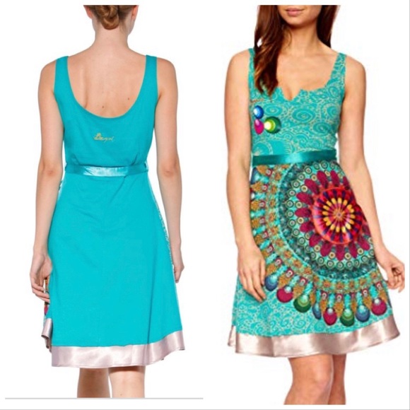 DESIGUAL turquoise knit embroidered dress, L. - Picture 7 of 8